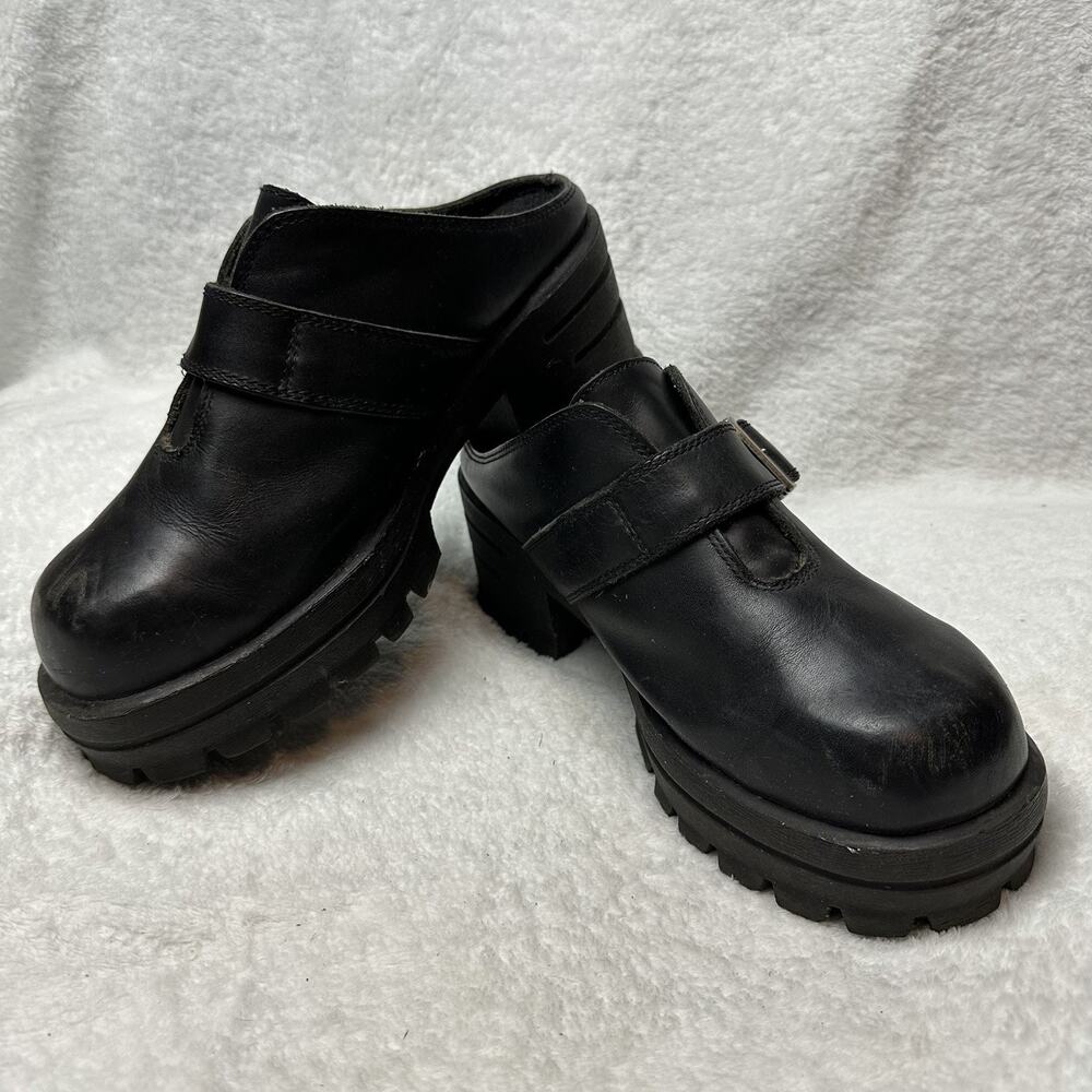 Harley-Davidson Black Leather Chunky Buckle Mules Platform Clogs Size9 Goth Y2K - Picture 3 of 10